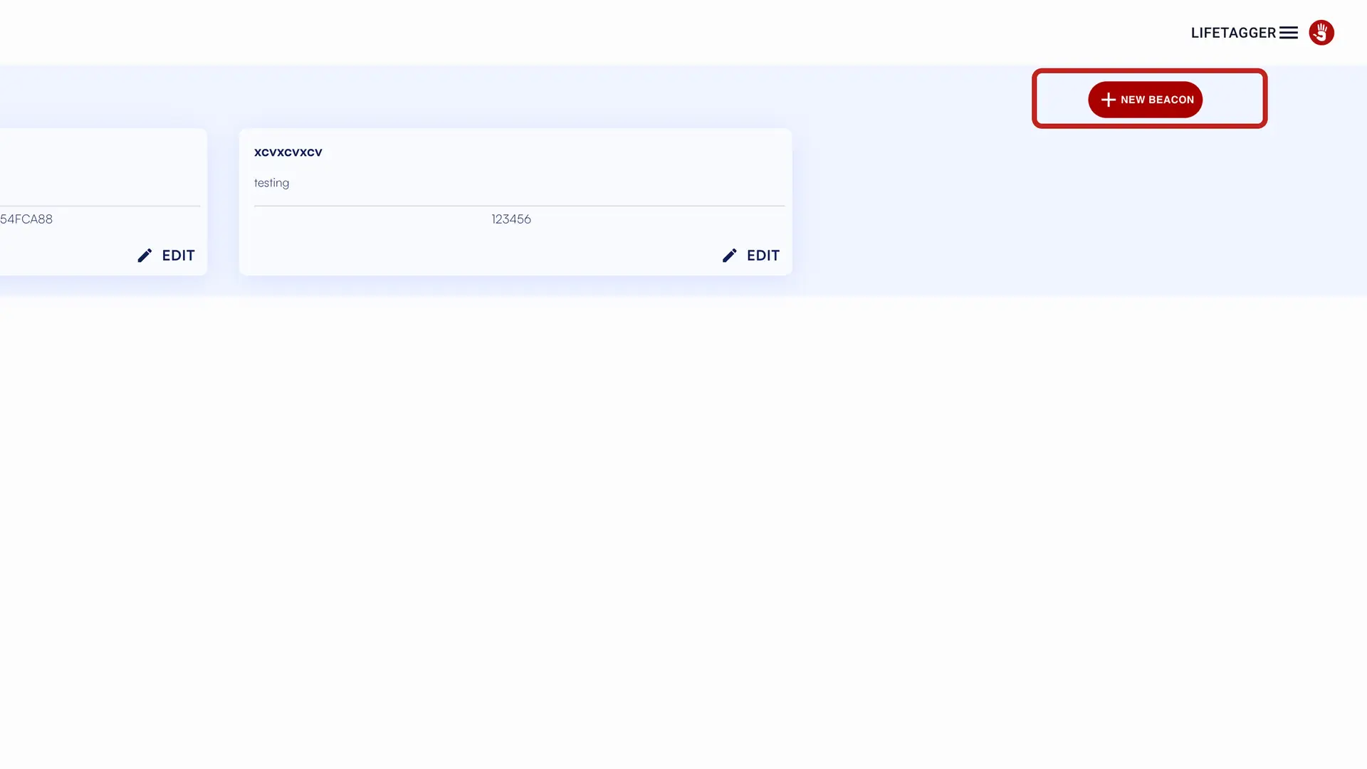 LifeTagger Beacons Management Interface with options to edit existing beacons and add a new beacon.