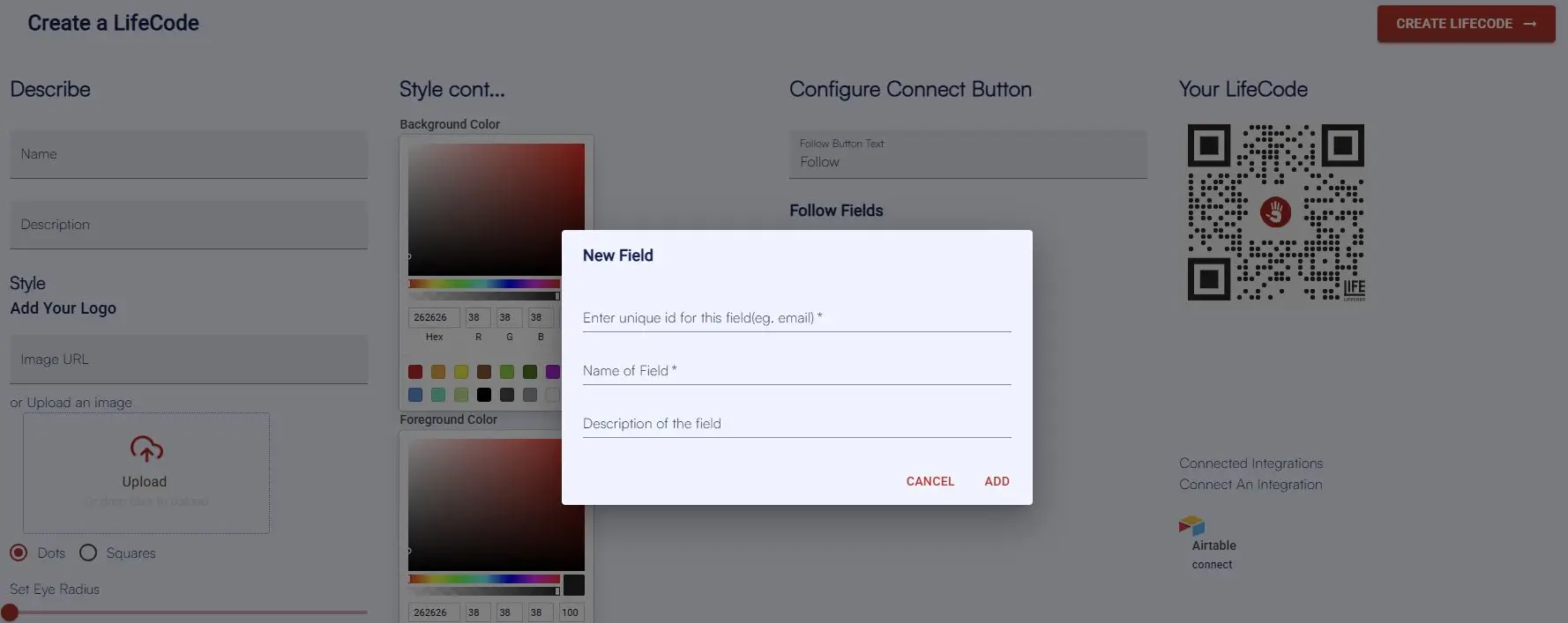 Create a LifeCode interface with options to describe, style, and configure a LifeCode, including a QR code preview and integration settings.