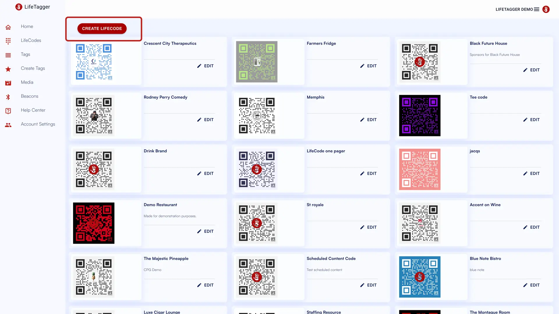 LifeTagger LifeCodes management interface with options to create and edit LifeCodes.