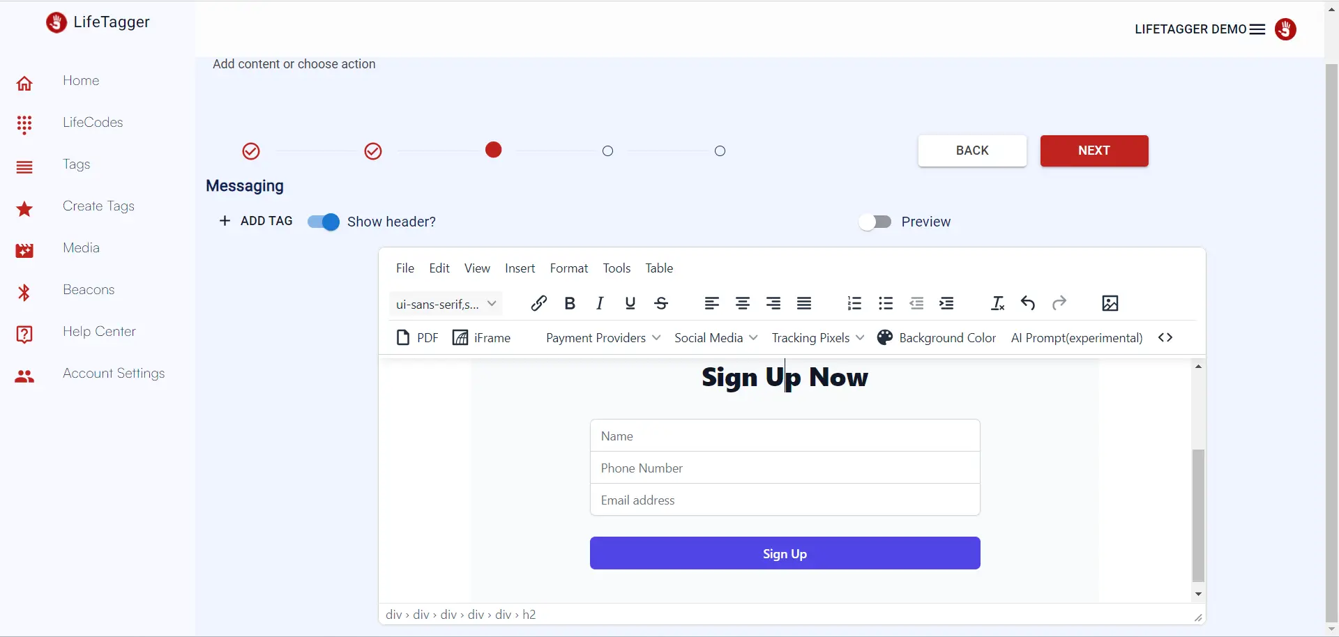 LifeTagger AI Content Creation Tags interface with messaging and sign-up form editor.