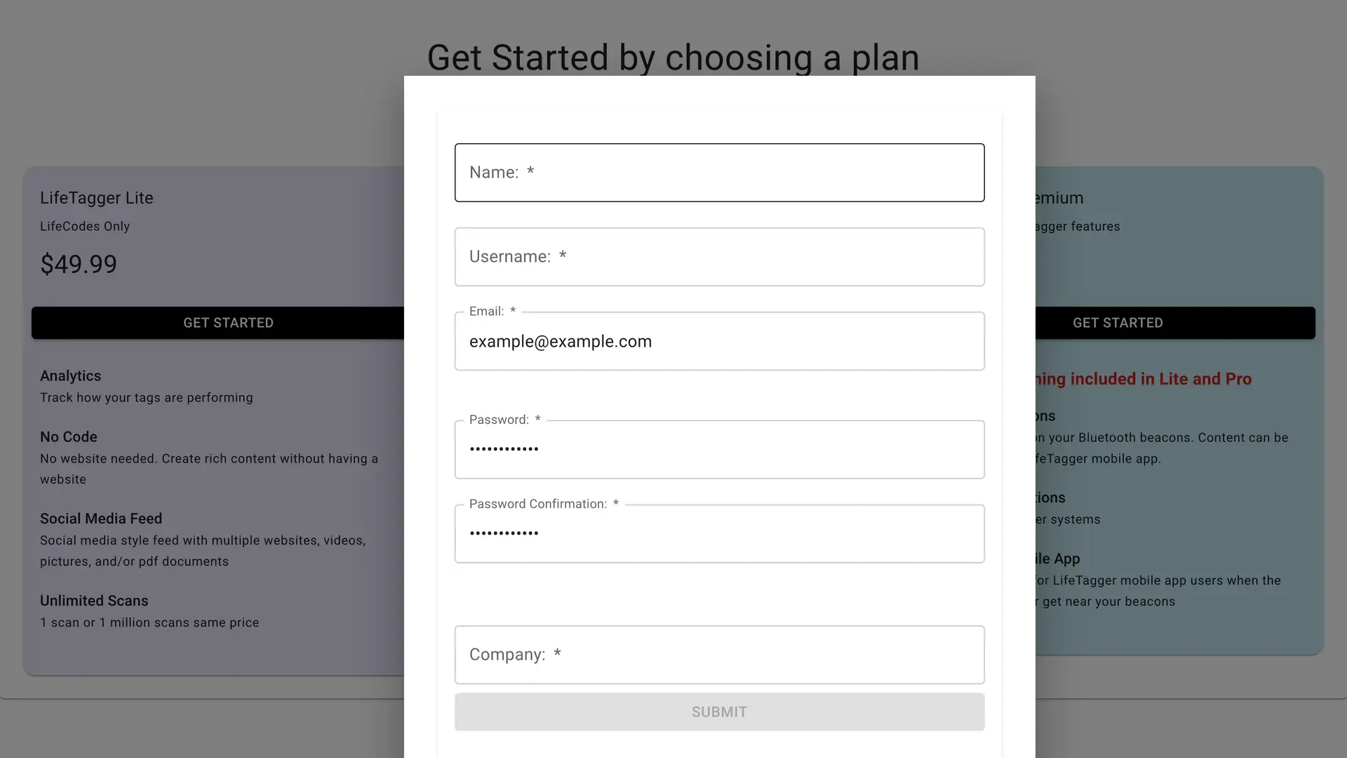 LifeTagger sign-up form with plan options