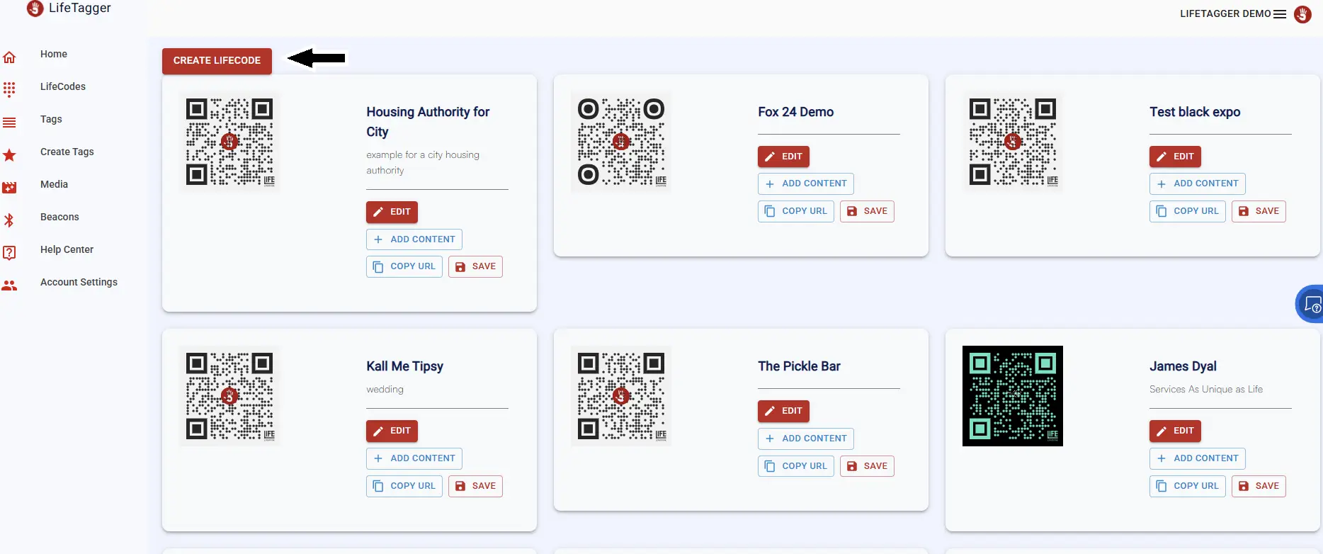 LifeTagger LifeCodes management interface with options to create and edit LifeCodes.