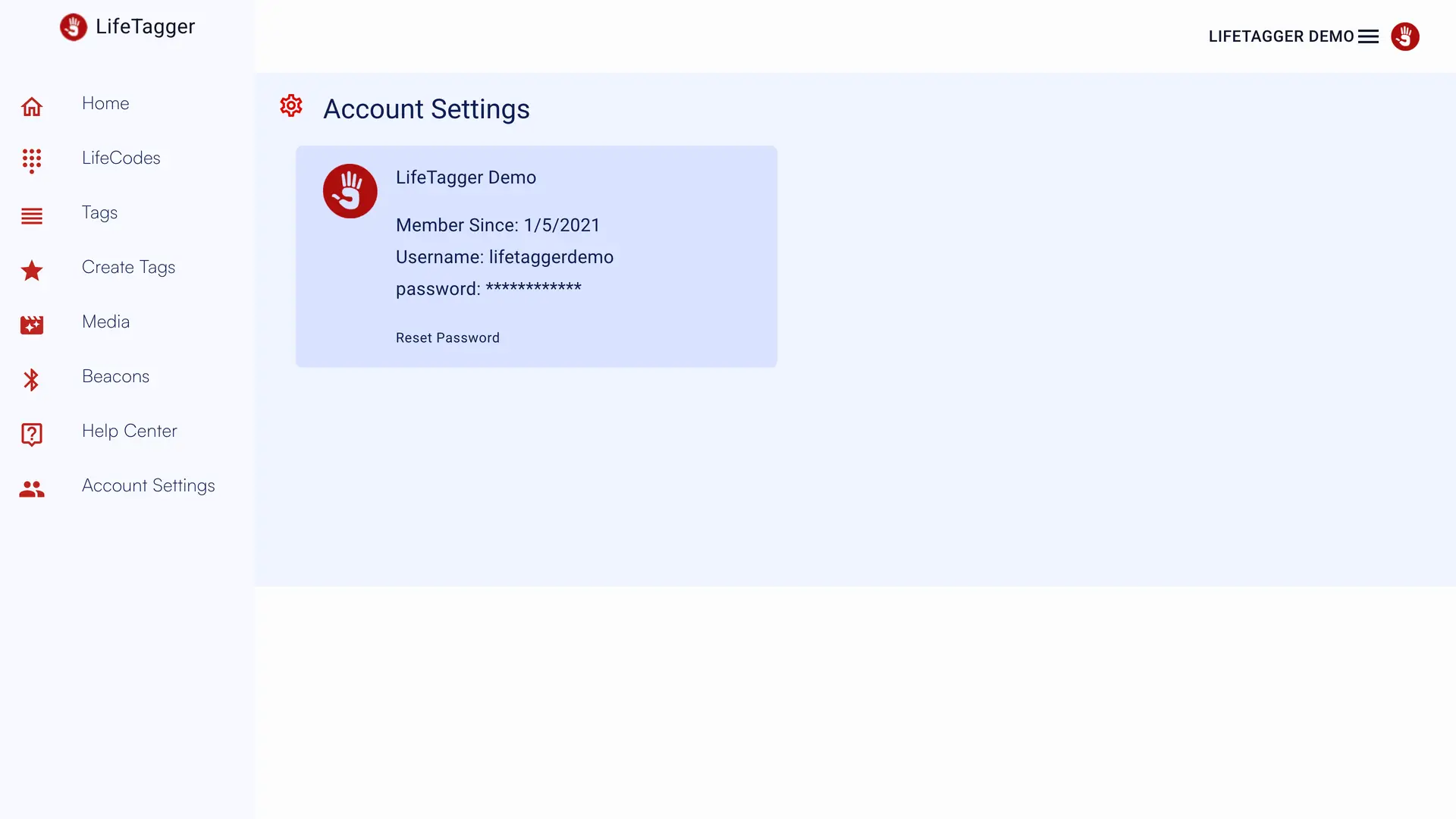 LifeTagger Account Settings page showing account details and reset password option.