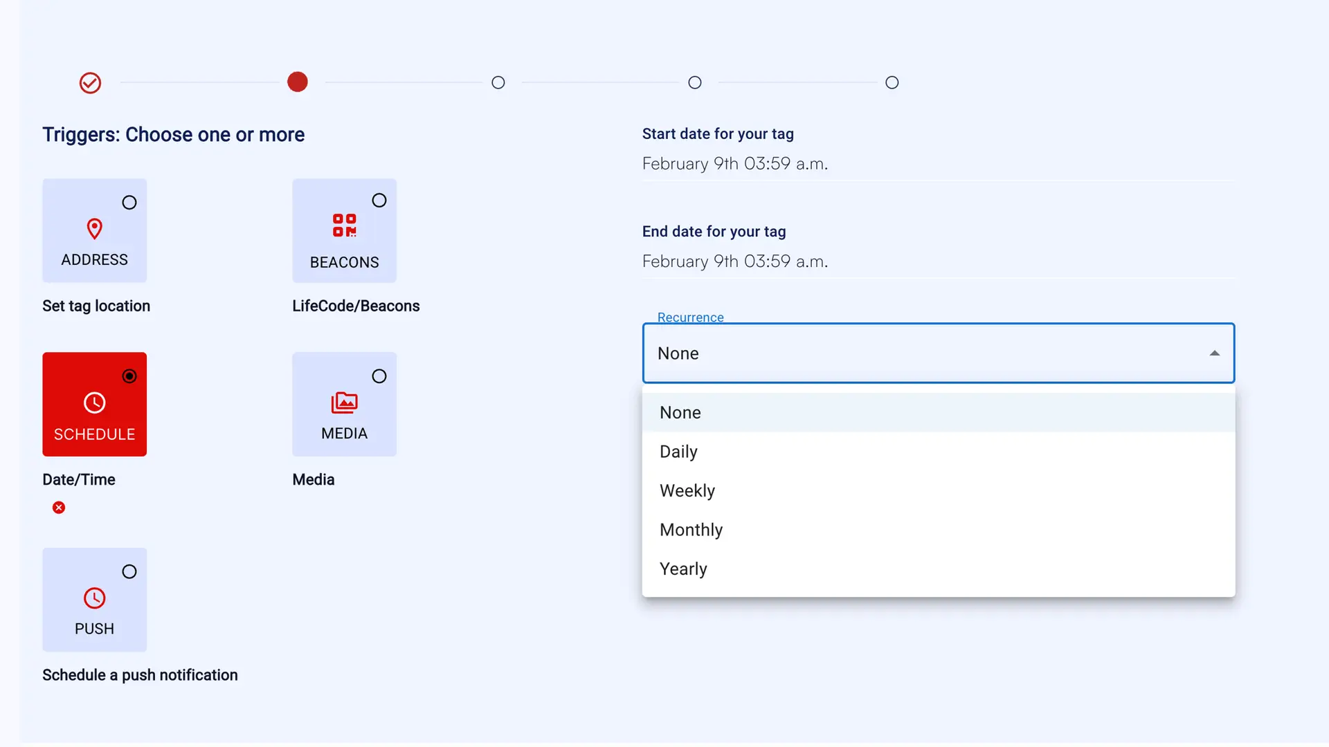 LifeTagger scheduling interface for tag creation with trigger options and recurrence settings.