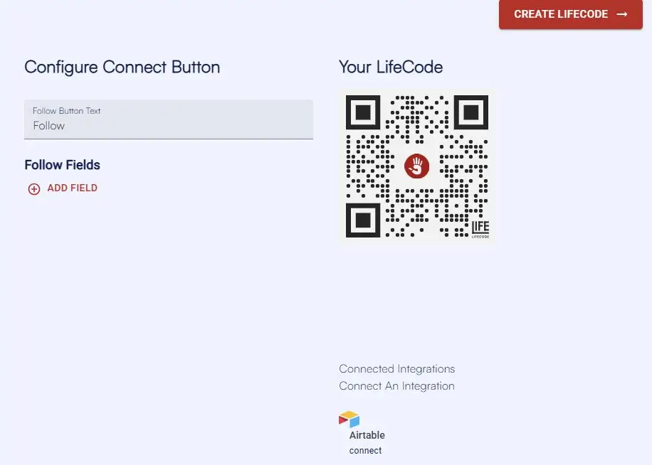 LifeTagger Configure Connect Button screen with LifeCode and integration options