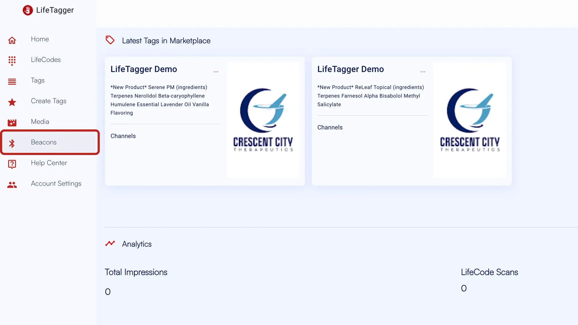 LifeTagger Beacons interface with Latest Tags in Marketplace and Analytics section.