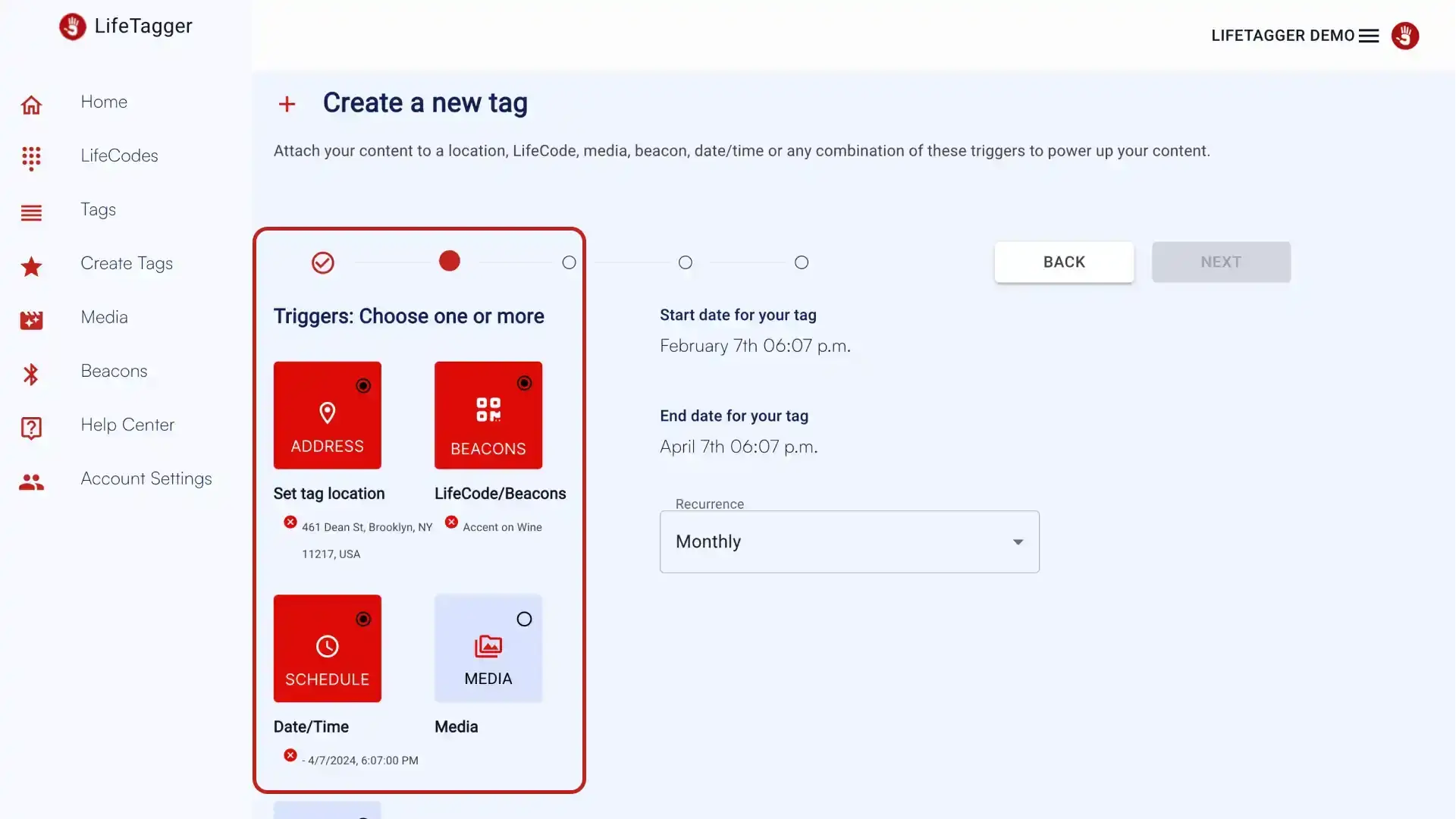 LifeTagger Create a New Tag interface with trigger options and date settings