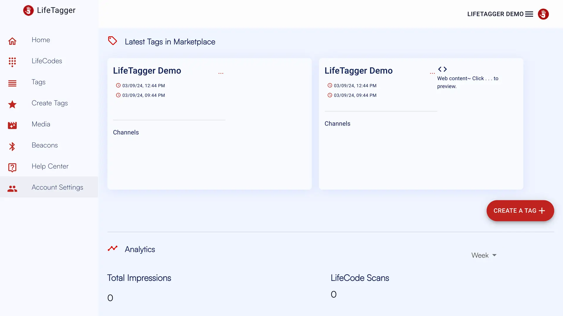 LifeTagger Account Settings page showing Latest Tags in Marketplace and Analytics