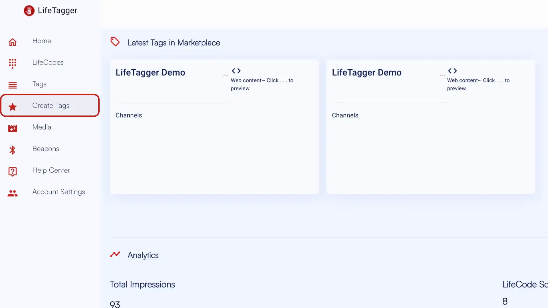 LifeTagger Create Tags interface with Latest Tags in Marketplace and Analytics sections.