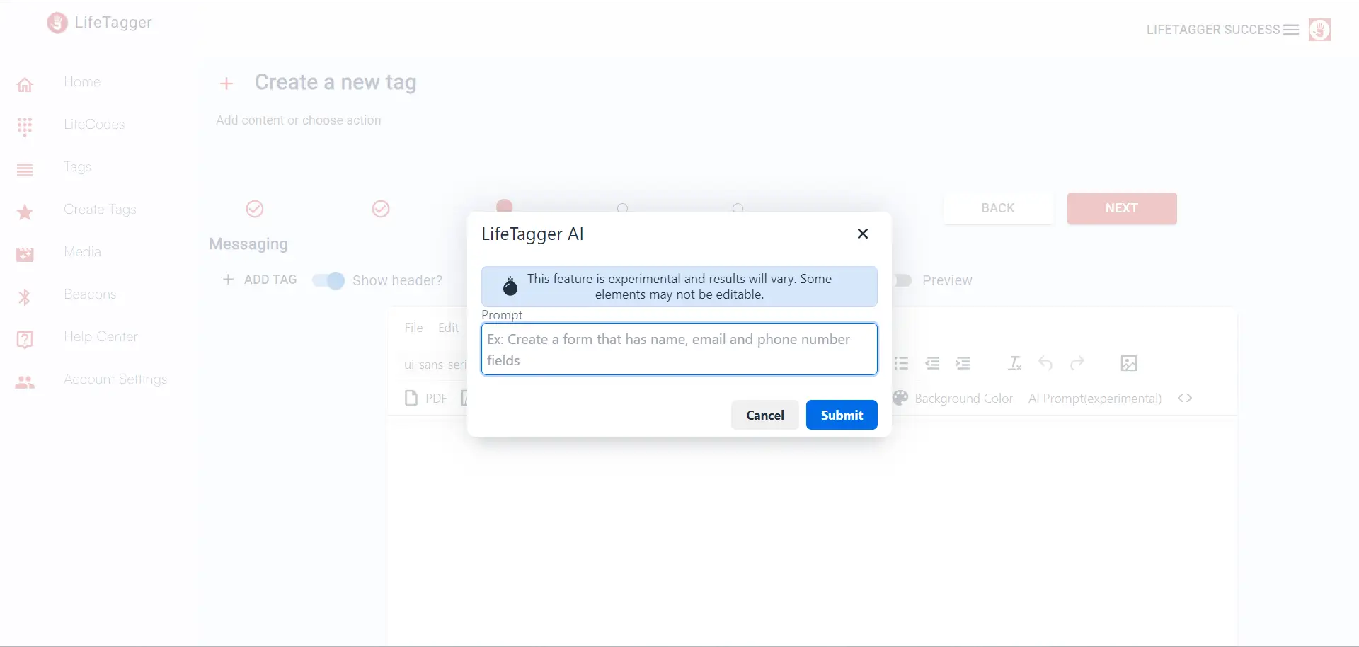 LifeTagger Create a new tag screen with LifeTagger AI prompt pop-up.