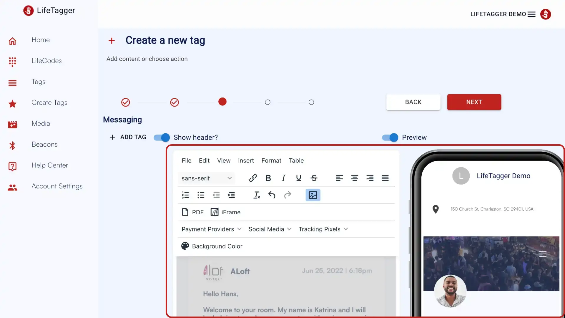 LifeTagger Create a New Tag interface with messaging options and mobile preview.