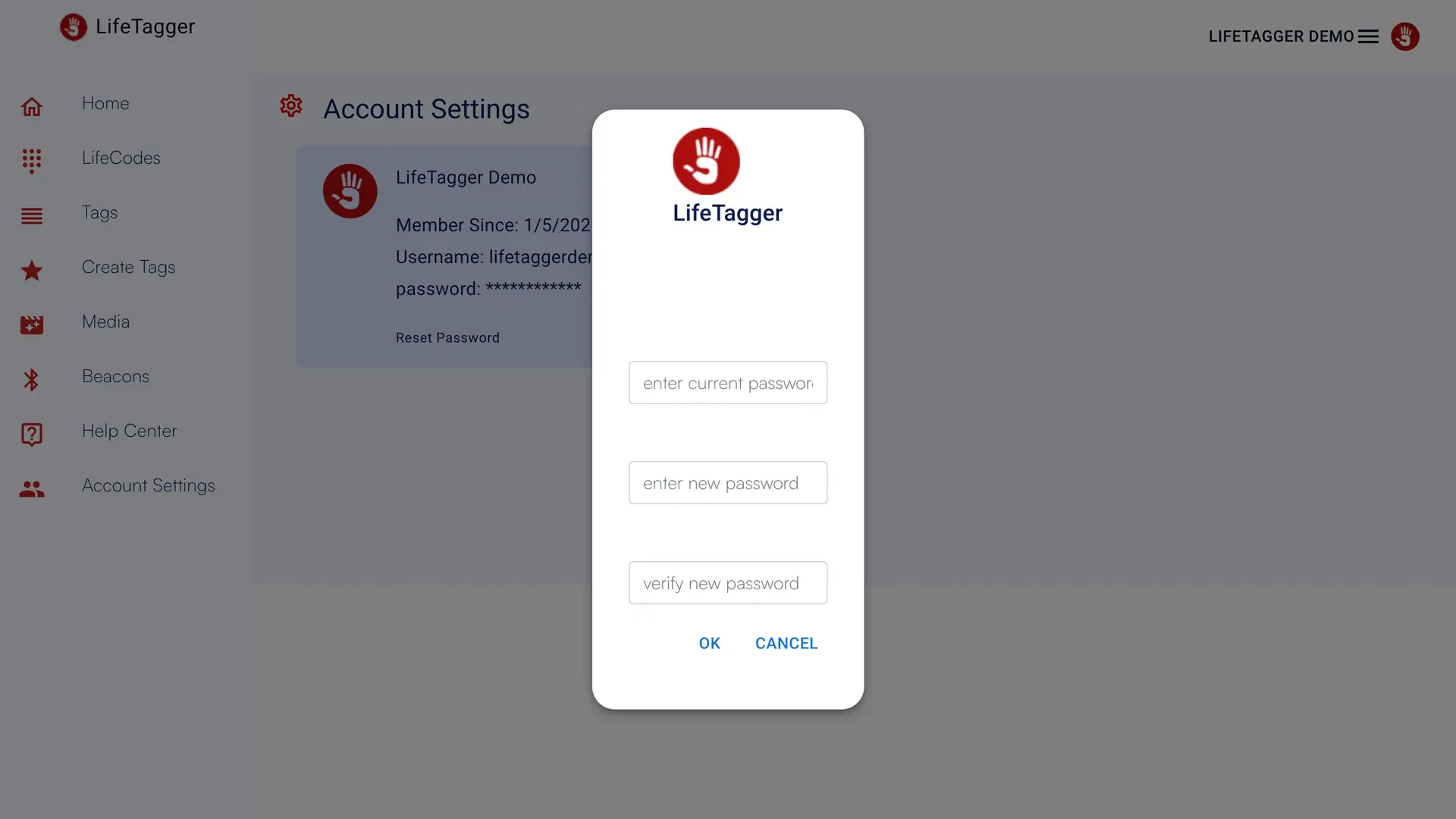 LifeTagger Account Settings page with password reset modal open