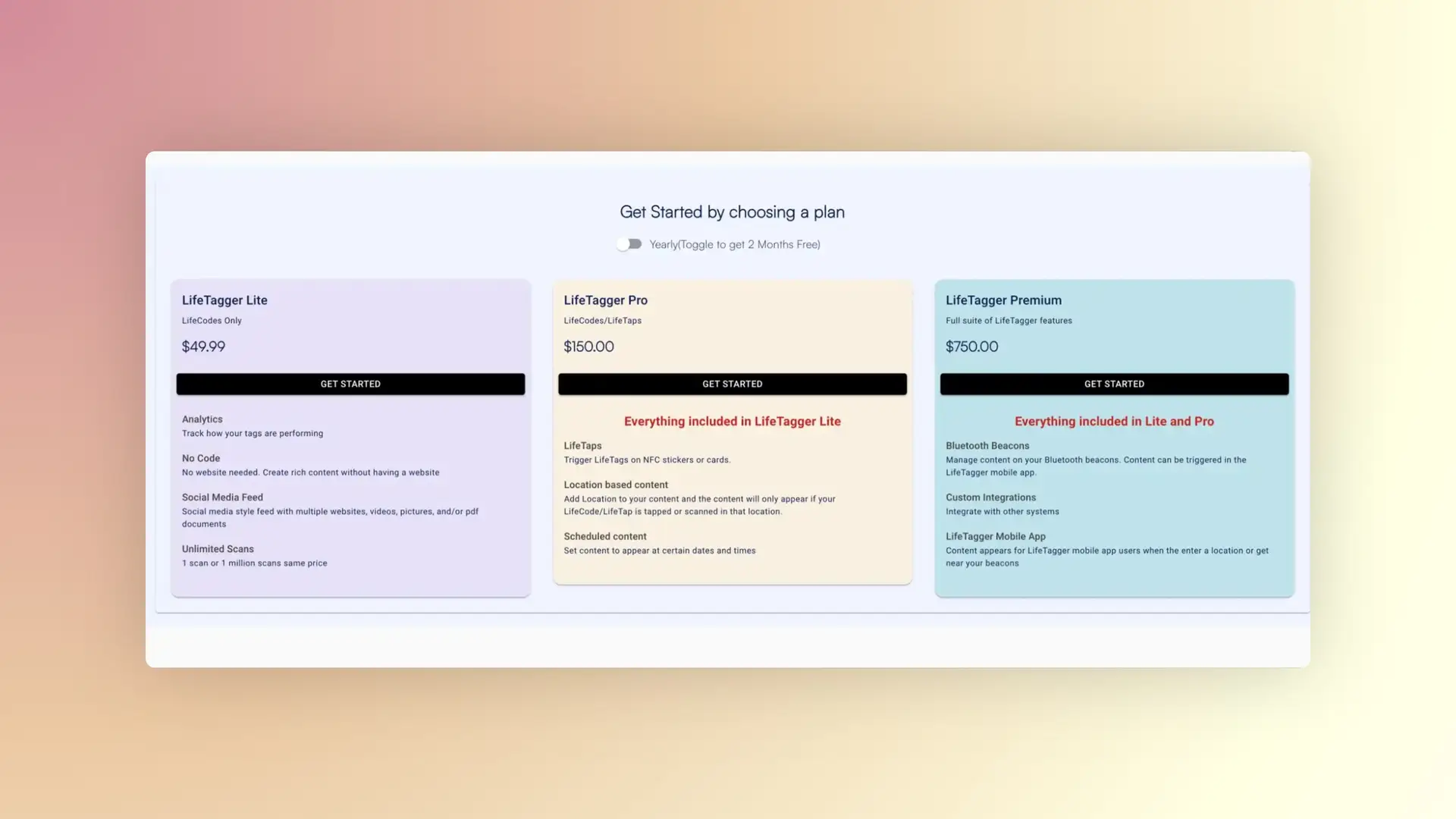 LifeTagger pricing plans screen showing LifeTagger Lite, Pro, and Premium options with features and 'Get Started' buttons.