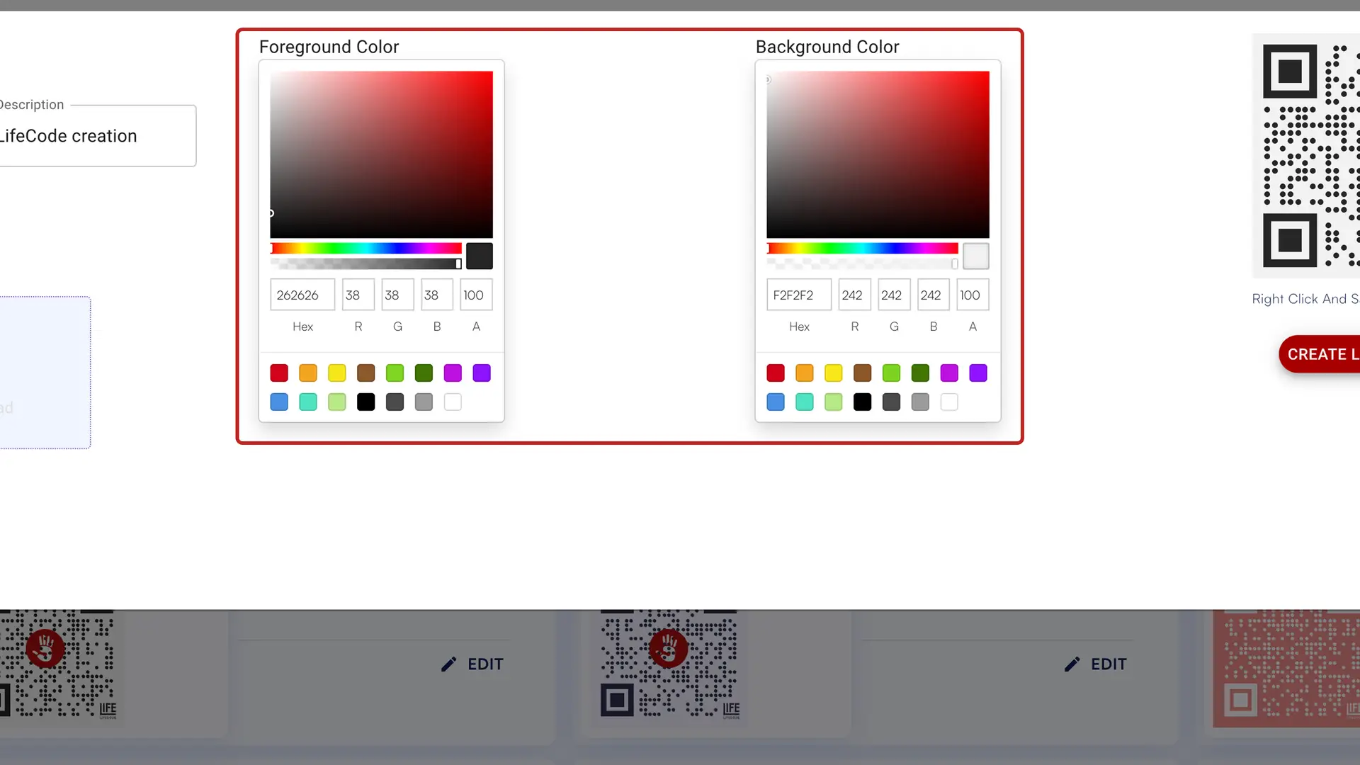 LifeTagger LifeCodes creation interface with color customization options and QR code preview.