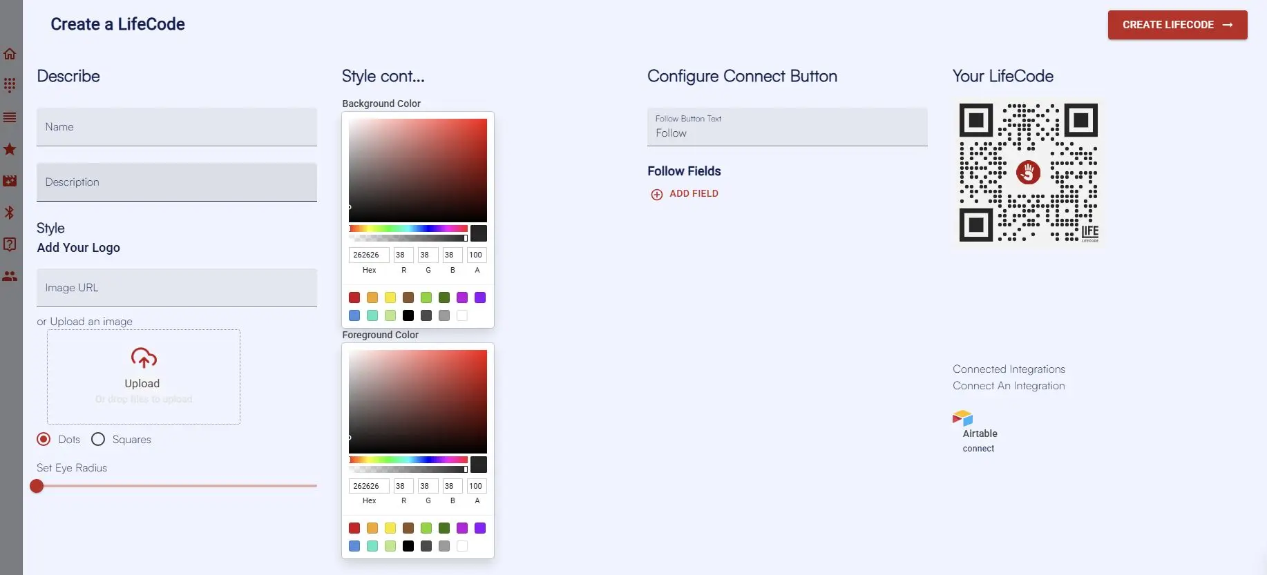 Create a LifeCode interface in LifeTagger showing configuration options for LifeCodes and Connect Button.