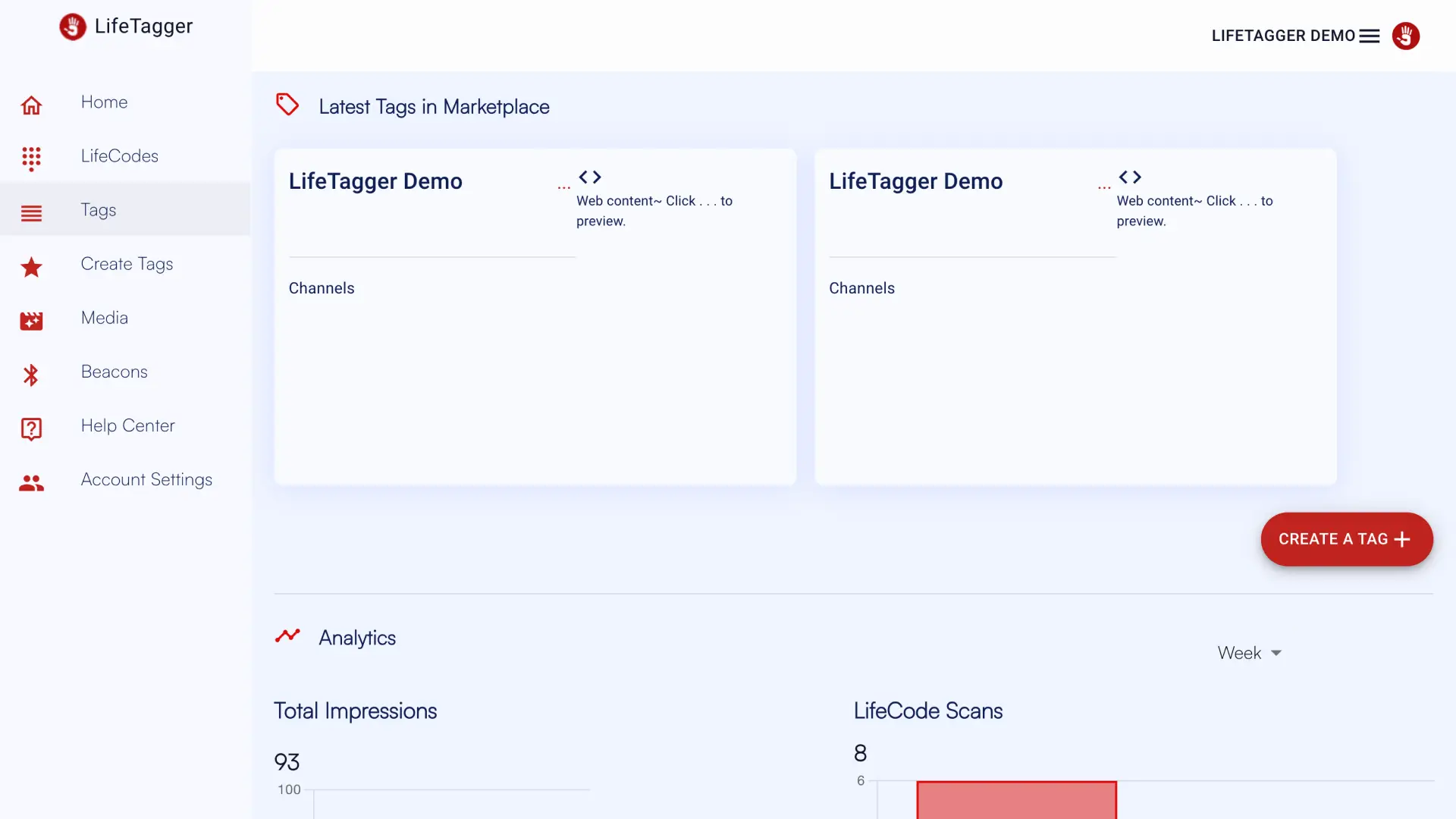 LifeTagger Tags section showing latest tags in marketplace with analytics and create tag option.