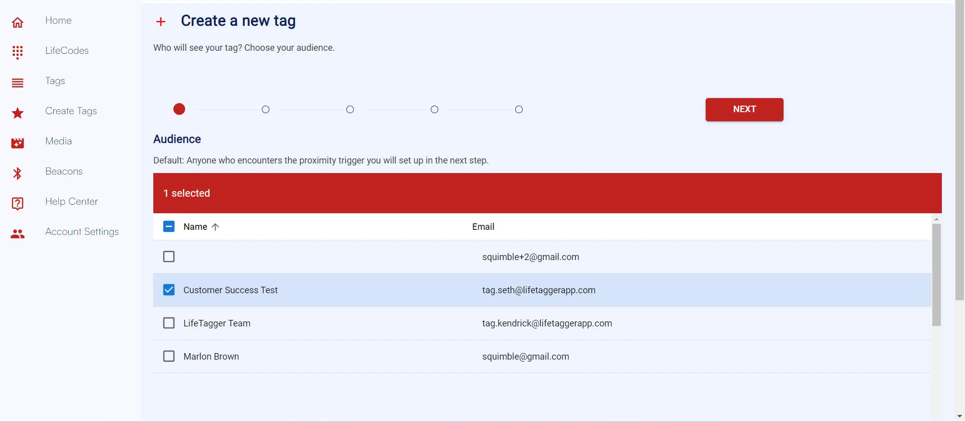 LifeTagger Create a New Tag Audience Selection Screen