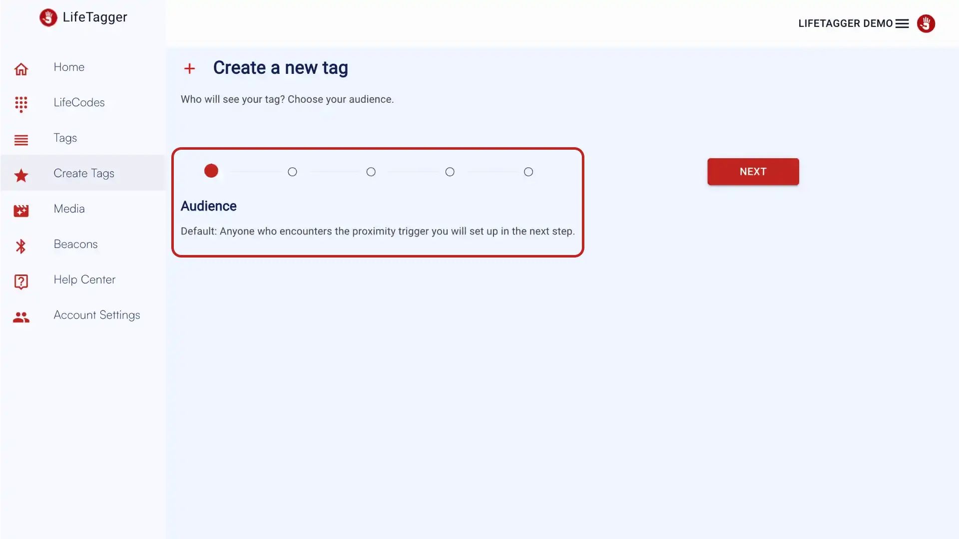 LifeTagger Create a new tag screen with audience selection and navigation menu.