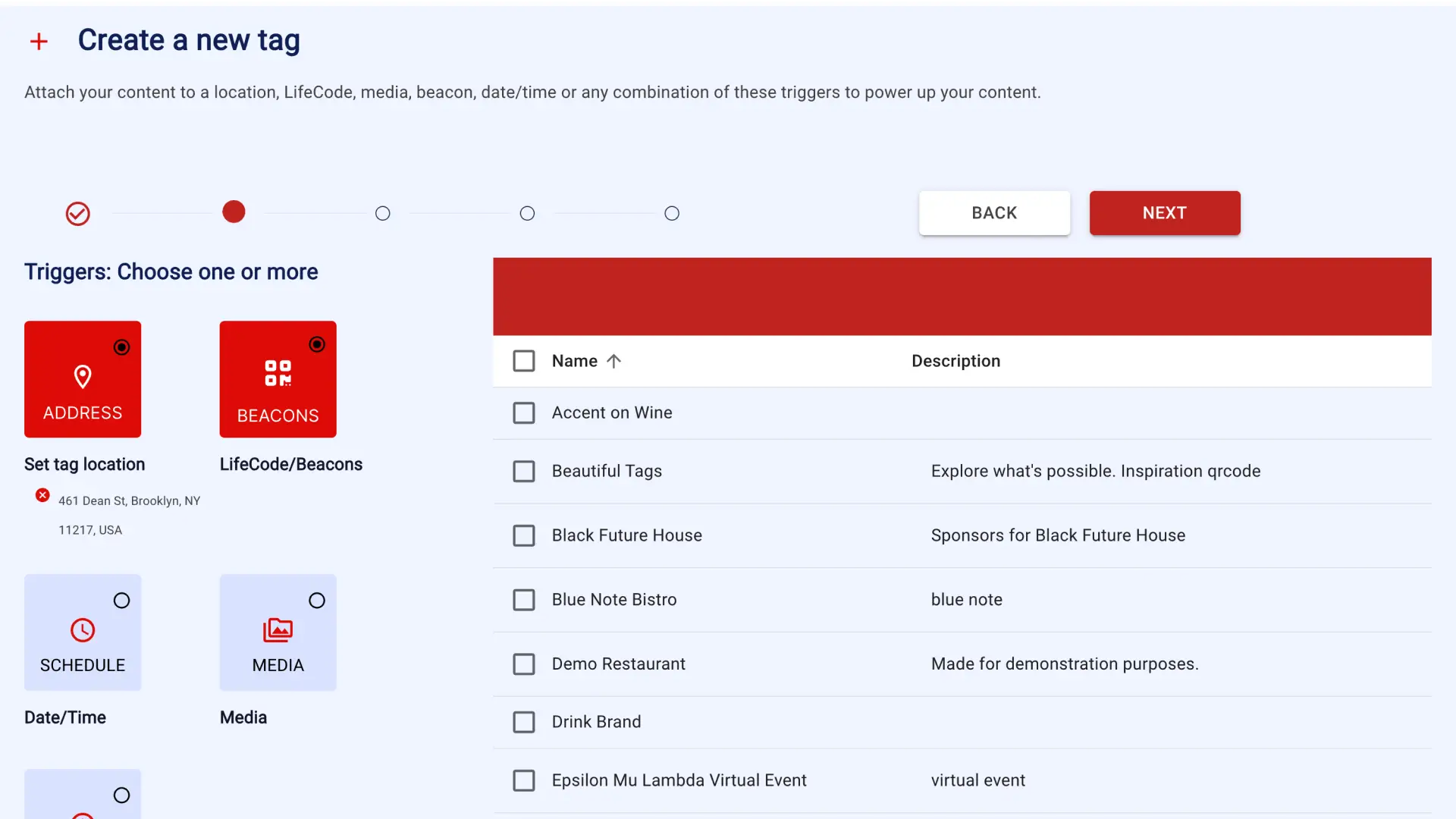 LifeTagger Create a new tag interface with trigger options and tag list