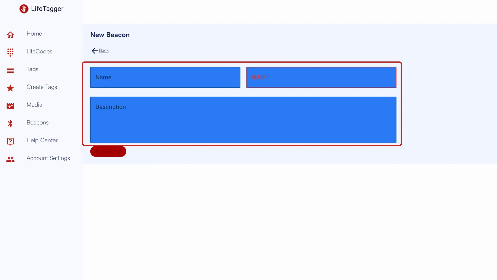 LifeTagger New Beacon creation page with input fields for Name, UUID, and Description, and a Create Beacon button.