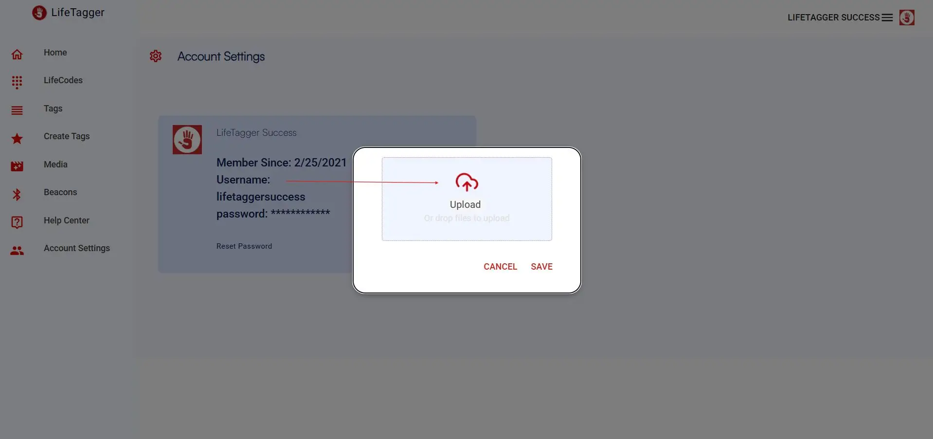LifeTagger Account Settings page with upload pop-up for changing account logo.