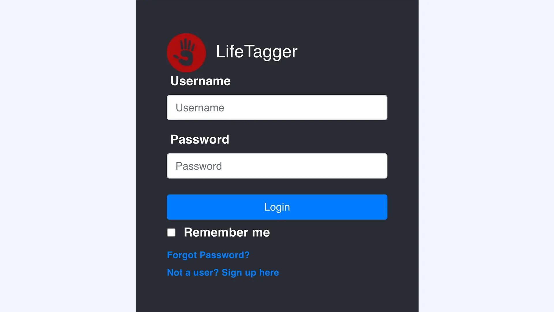 LifeTagger login screen with username and password fields, login button, and sign-up option.